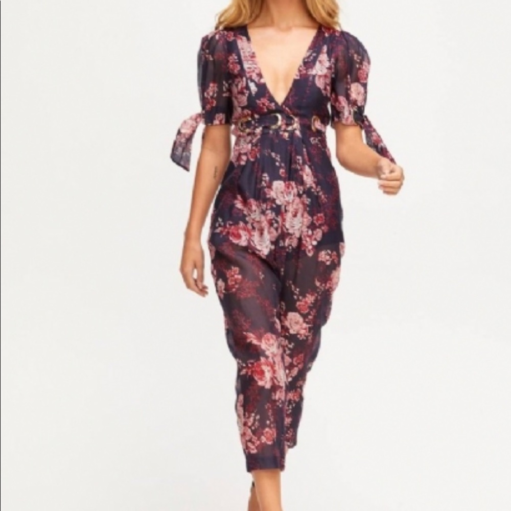 Alice McCall Everything Short Sleeve Plunging Sheer Floral Jumpsuit 0 - Picture 3 of 8